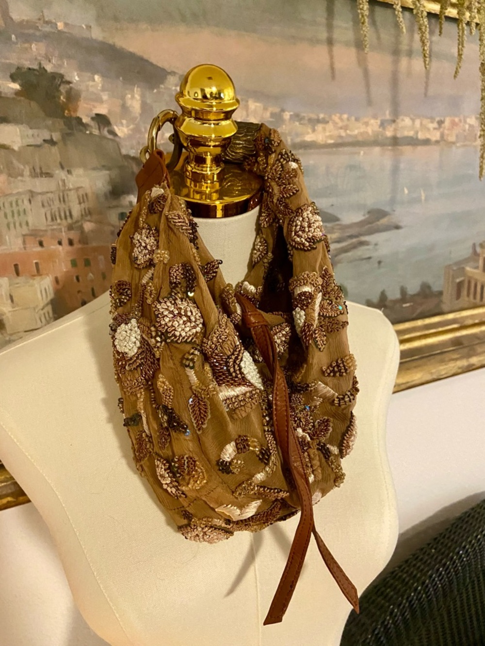Cool Beaded Embellished Bag - Tan. 
Fun bag for night out. Conversation piece!